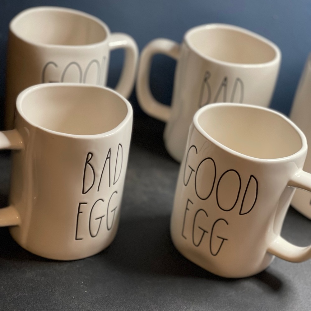 Rae Dunn Good/Bad Egg mug set of 4. NWOT